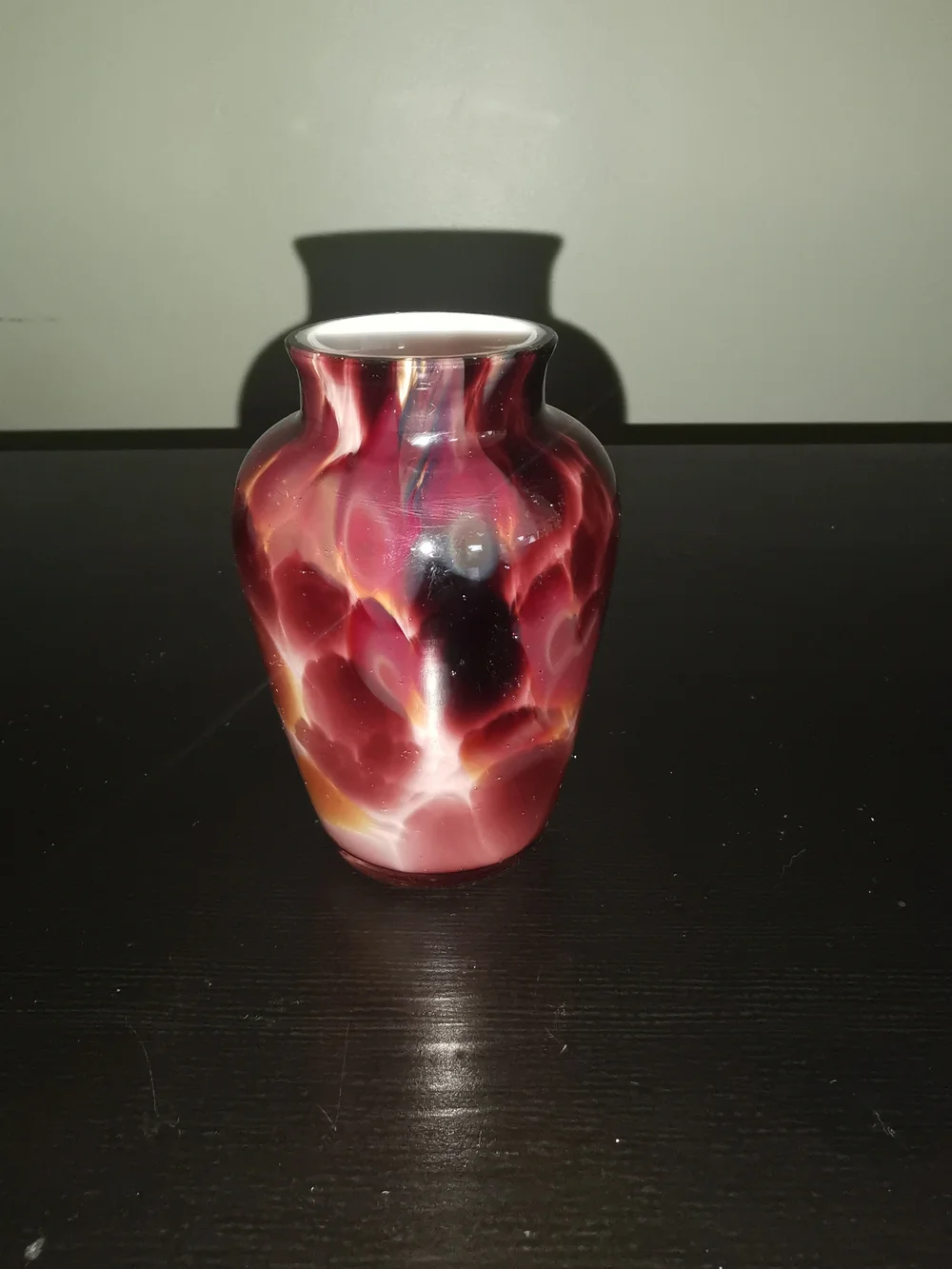 Hand Blown Art Glass Spatter Vase Burgundy Purple Amber W/Bulbous Body 3.5